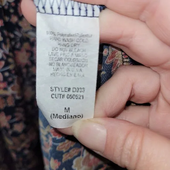 Vision Women’s Medium Navy Floral Boho Long Sleeve Dress Ruffle Hem Polyester - Picture 5 of 8